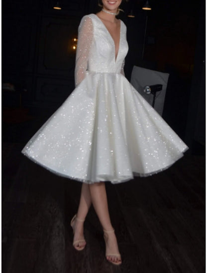 Little White Dresses Wedding Dresses A-Line V Neck Long Sleeve Knee Length Sequined Bridal Gowns With Pleats Solid Color