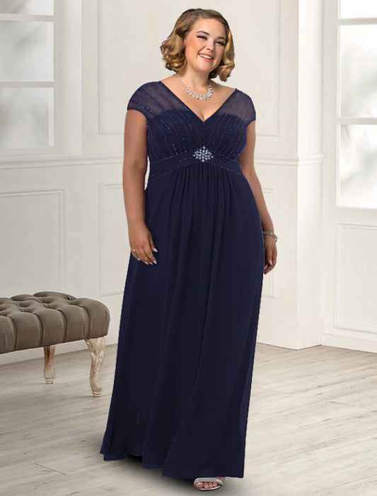 Sheath / Column Mother of the Bride Dress Plus Size Elegant V Neck Floor Length Chiffon Sleeveless with Beading Crystal Brooch