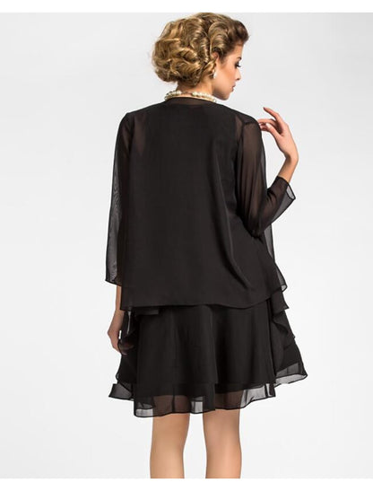 A-Line Mother of the Bride Dress Wrap Included Jewel Neck Knee Length Chiffon 3/4 Length Sleeve with Draping