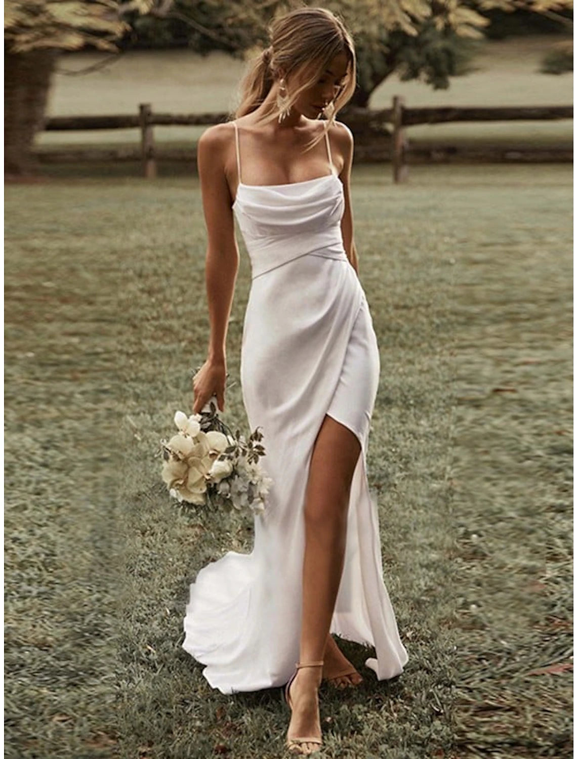 Beach Casual Simple Wedding Dresses Sheath / Column Square Camisole Spaghetti Strap Sweep / Brush Train Stretch Fabric Bridal Gowns With Ruched Split Front