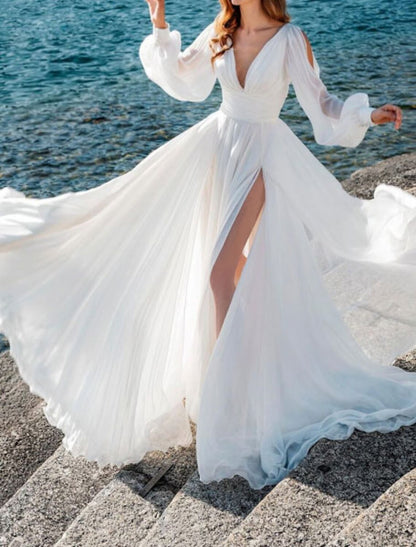 Beach Wedding Dresses A-Line V Neck Long Sleeve Sweep / Brush Train Chiffon Bridal Gowns With Split Front