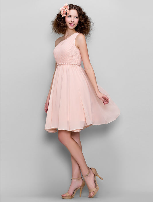 A-Line Bridesmaid Dress One Shoulder Sleeveless All Celebrity Styles Knee Length Chiffon with Side Draping