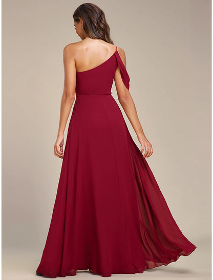 A-Line Wedding Guest Dresses Elegant Dress Formal Wedding Floor Length Sleeveless One Shoulder Chiffon with Ruched