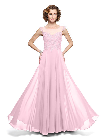 A-Line Mother of the Bride Dress Elegant Jewel Neck Ankle Length Chiffon Lace Sleeveless with Appliques