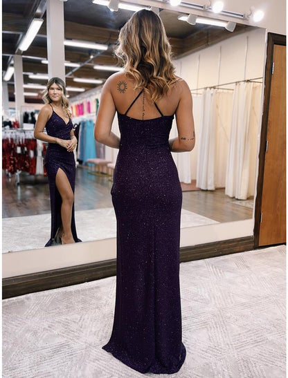 Mermaid / Trumpet Prom Dresses Glittering Dress Formal Wedding Party Floor Length Sleeveless V Neck Satin Backless with Glitter