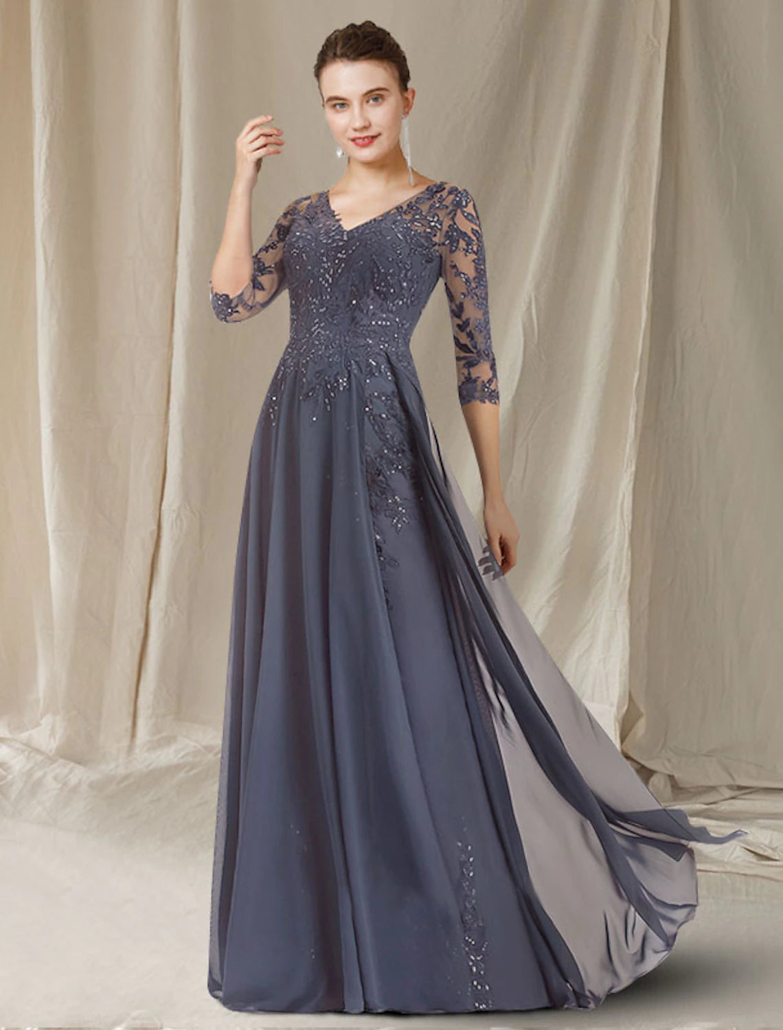 A-Line Mother of the Bride Dress Elegant V Neck Floor Length Chiffon Lace Sequined Half Sleeve with Sequin Appliques