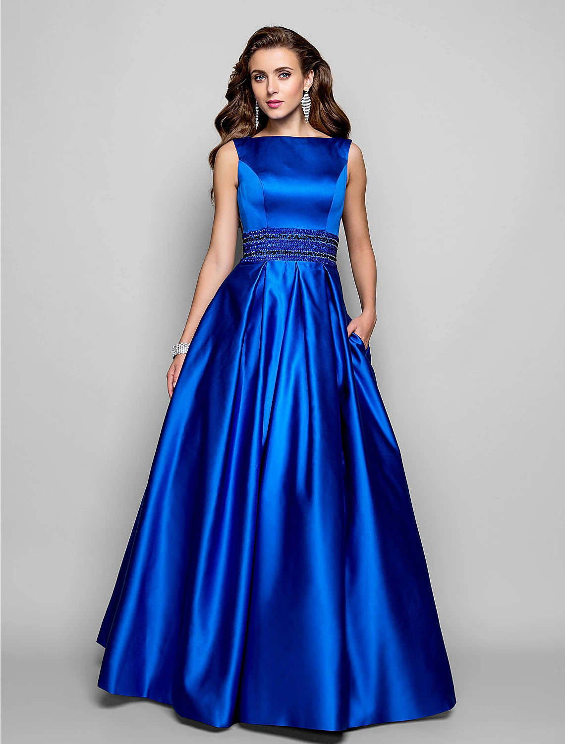 A-Line Elegant Dress Wedding Guest Prom Floor Length Sleeveless Boat Neck Pocket Satin with Pleats Beading