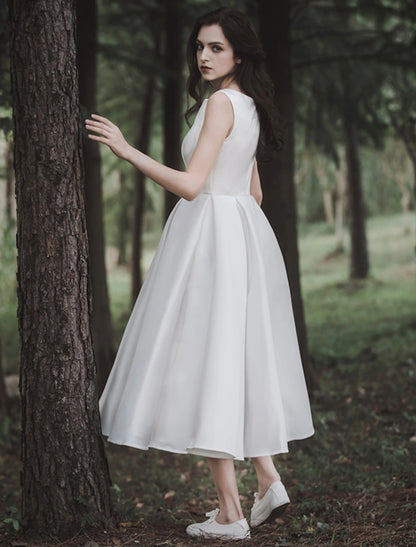 Reception Little White Dresses Wedding Dresses A-Line Scoop Neck Sleeveless Tea Length Satin Bridal Gowns With Solid