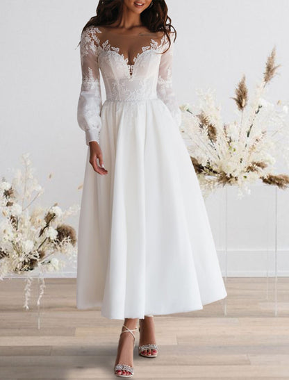 Reception Fall Wedding Dresses Vintage 1940s / 1950s Little White Dresses A-Line Illusion Neck Long Sleeve Ankle Length Chiffon Bridal Gowns With Appliques Summer Wedding Party