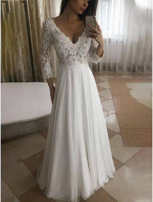 Beach Wedding Dresses A-Line V Neck 3/4 Length Sleeve Floor Length Chiffon Bridal Gowns With Pleats Appliques Summer Fall Wedding Party