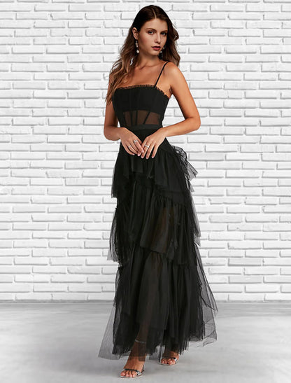 A-Line Prom Dresses Corsets Dress Party Wear Prom Ankle Length Sleeveless Strapless Tulle Ladder Back with Ruffles