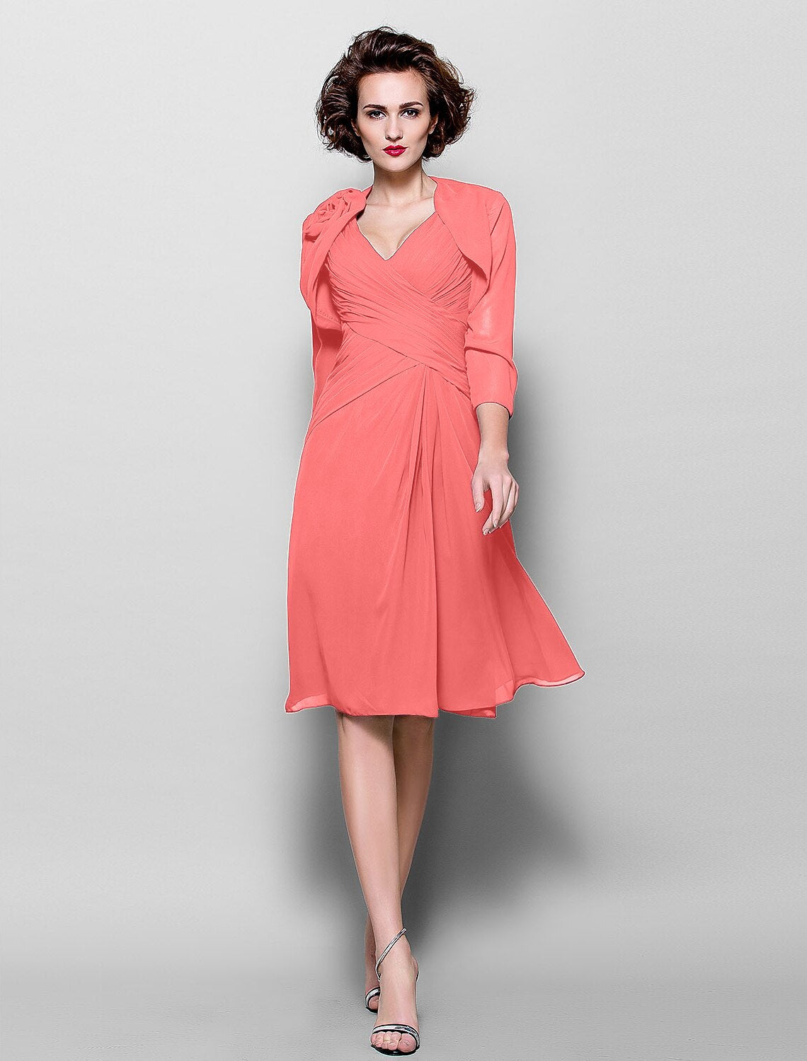 A-Line Mother of the Bride Dress Wrap Included V Neck Knee Length Chiffon 3/4 Length Sleeve with Criss Cross Side Draping Flower