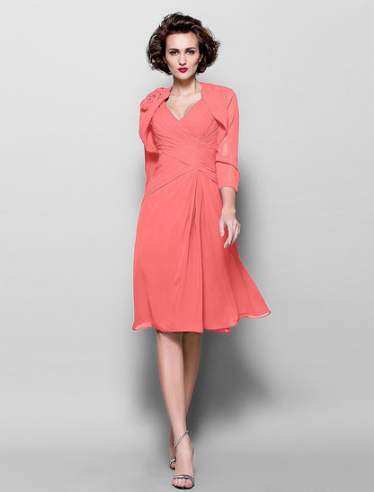 A-Line Mother of the Bride Dress Wrap Included V Neck Knee Length Chiffon 3/4 Length Sleeve with Criss Cross Side Draping Flower