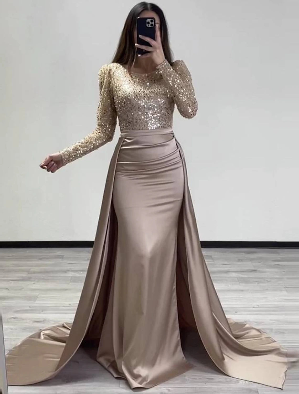 Mermaid / Trumpet Evening Gown Sparkle & Shine Dress Carnival Masquerade Floor Length Long Sleeve Illusion Neck Fall Wedding Reception Satin with Pearls Overskirt