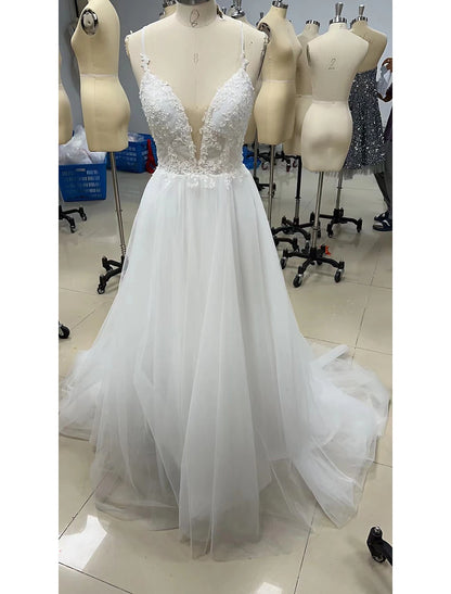 A-Line Evening Gown Minimalist Dress Engagement Wedding Party Sweep / Brush Train Sleeveless V Neck Tulle with Beading Appliques Shouder Flower