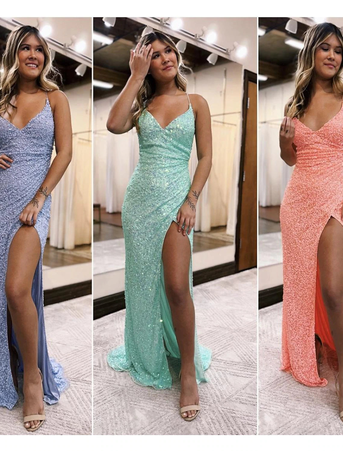 Mermaid / Trumpet Prom Dresses Sparkle & Shine Dress Formal Wedding Party Sweep / Brush Train Sleeveless V Neck Sequined Backless with Sequin Slit