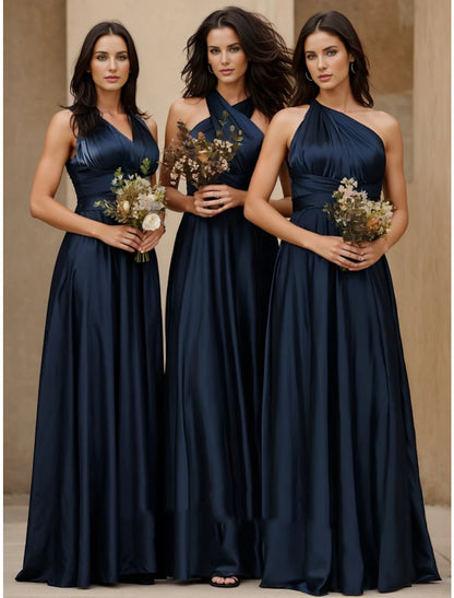 A-Line Bridesmaid Dress Halter Neck Sleeveless Elegant Floor Length Stretch Satin with Split Front / Ruching