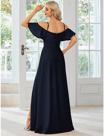 A-Line Wedding Guest Dresses High Split Dress Formal Black Tie Floor Length Short Sleeve Off Shoulder Stretch Fabric with Slit