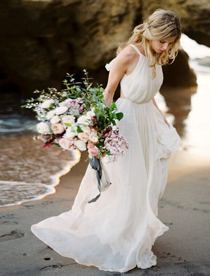 Beach Open Back Boho Wedding Dresses A-Line Halter Neck Sleeveless Sweep / Brush Train Chiffon Bridal Gowns