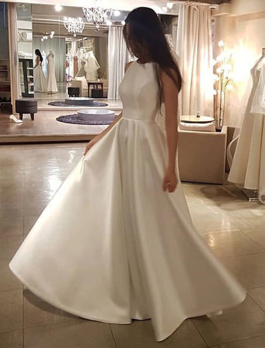 Reception Casual Wedding Dresses A-Line Scoop Neck Sleeveless Sweep / Brush Train Satin Bridal Gowns With Solid