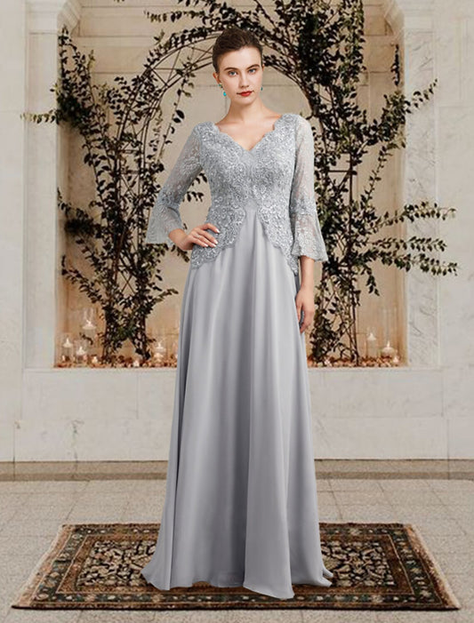 A-Line Mother of the Bride Dress Plus Size Elegant V Neck Floor Length Chiffon Lace 3/4 Length Sleeve with Pleats Sequin Appliques