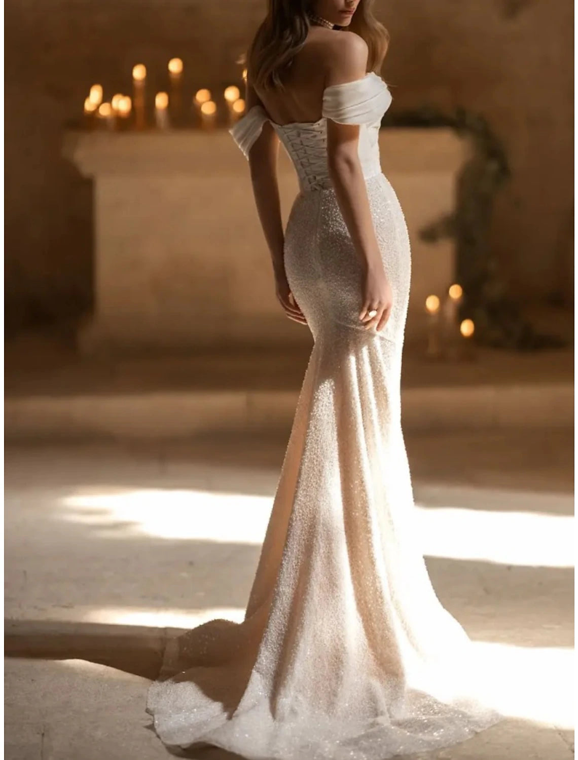 Formal Wedding Dresses Mermaid / Trumpet Off Shoulder Sleeveless Court Train Satin Bridal Gowns With Pleats Solid Color