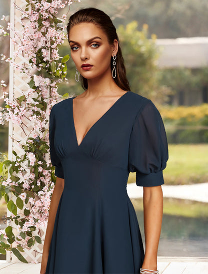 A-Line Mother of the Bride Dress Wedding Guest Plus Size Elegant Jewel Neck Tea Length Chiffon Short Sleeve with Pleats Solid