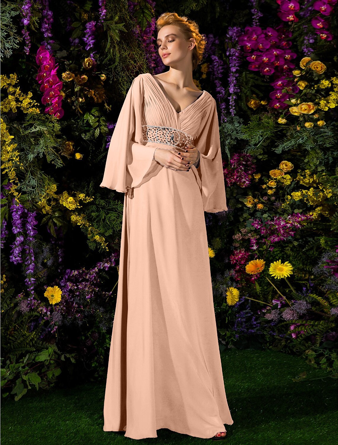 A-Line Mother of the Bride Dress Vintage Inspired V Neck Floor Length Chiffon Long Sleeve with Crystals Beading Side Draping