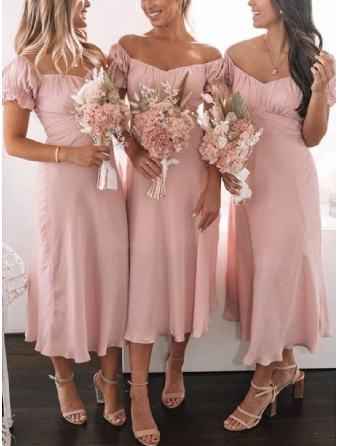 Sheath / Column Bridesmaid Dress V Neck Short Sleeve Pink Tea Length Stretch Chiffon with Ruching / Solid Color