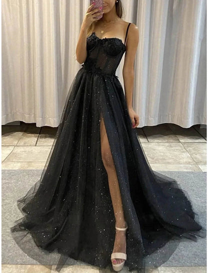 A-Line Prom Dresses Glitter Black Dress Wedding Dresses Formal Gothic Dress Floor Length Sleeveless Sweetheart Spaghetti Tulle