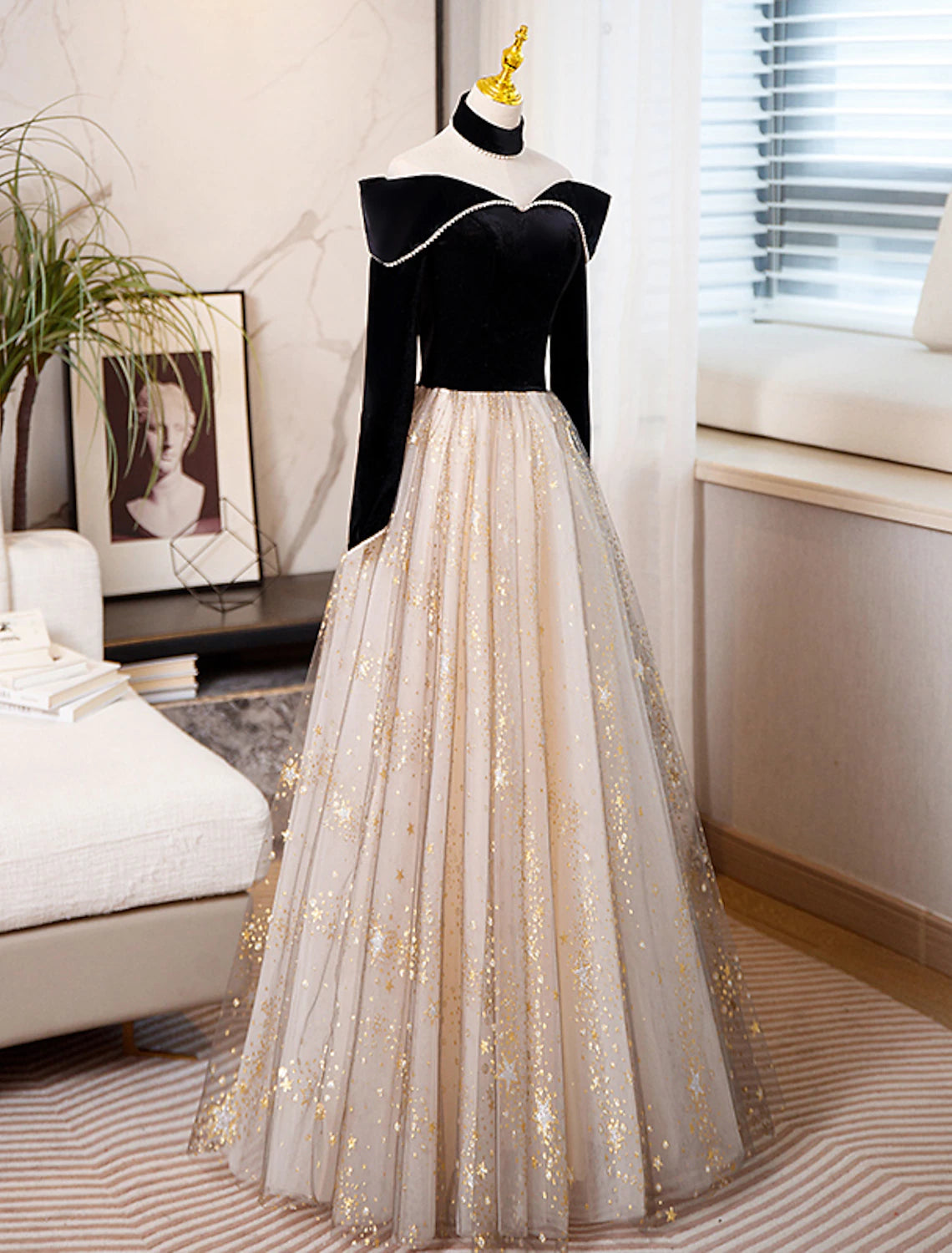 A-Line Prom Dresses Sparkle & Shine Dress Engagement Birthday Floor Length Long Sleeve Sweetheart Tulle with Sequin