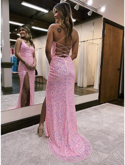 Mermaid / Trumpet Prom Dresses Sparkle & Shine Dress Formal Wedding Party Sweep / Brush Train Sleeveless V Neck Sequined Backless with Sequin