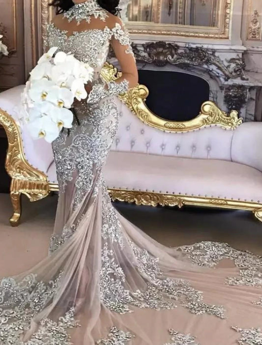 Sparkle & Shine Formal Fall Wedding Dresses Mermaid / Trumpet High Neck Long Sleeve Chapel Train Lace Bridal Gowns With Lace Insert Appliques