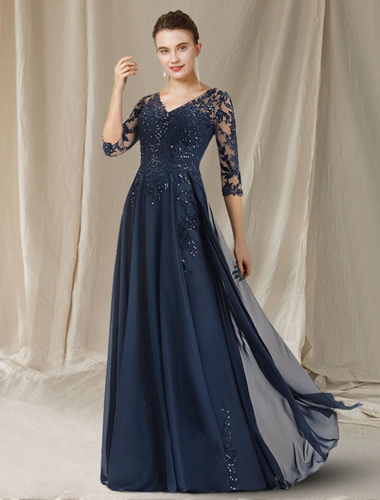 A-Line Mother of the Bride Dress Elegant V Neck Floor Length Chiffon Lace Sequined Half Sleeve with Sequin Appliques