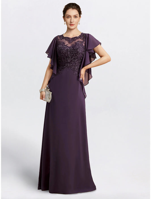 Sheath Mother of the Bride Dress Cape Dress Formal Wedding Guest Elegant Jewel Neck Floor Length Chiffon Short Sleeve with Beading Appliques