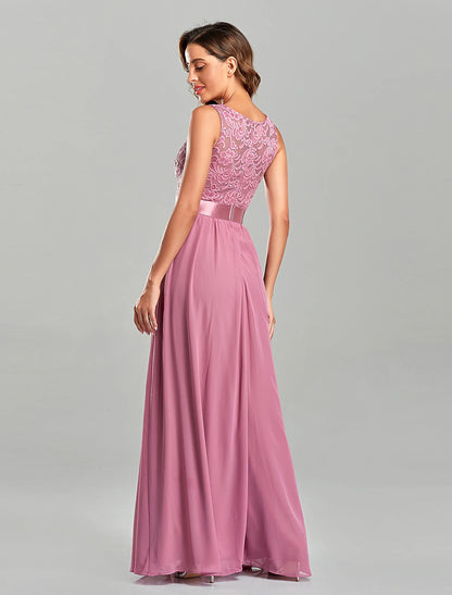 A-Line Evening Gown Empire Dress Party Wear Wedding Guest Floor Length Short Sleeve Jewel Neck Chiffon with Embroidery