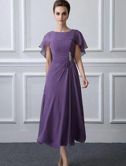 A-Line Mother of the Bride Dress Plus Size Bateau Neck Tea Length Chiffon Short Sleeve with Ruffles Crystal Brooch Ruching