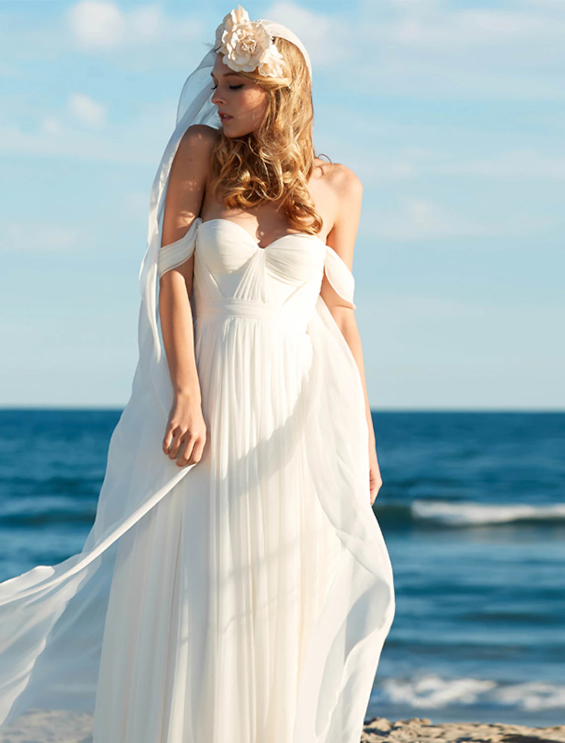 Beach Sexy Boho Wedding Dresses A-Line Off Shoulder Cap Sleeve Floor Length Chiffon Bridal Gowns With Pleats Solid