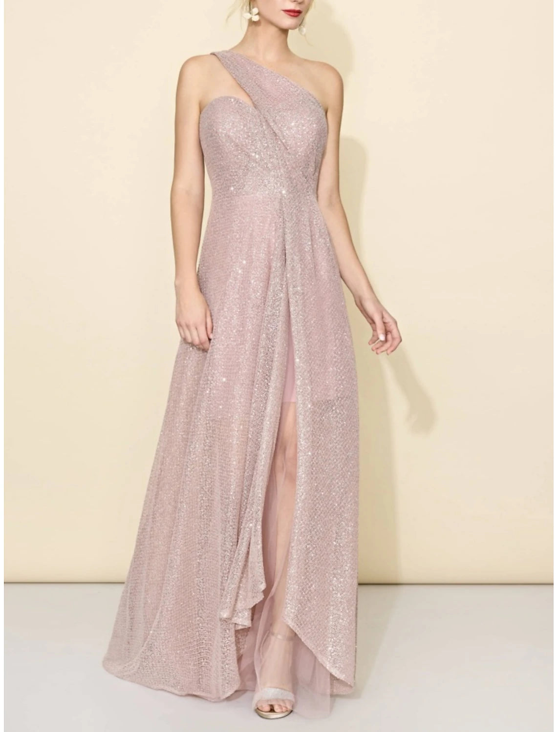 A-Line Bridesmaid Dress One Shoulder Sleeveless Elegant Sweep / Brush Train Sequined with Split Front / Ruching