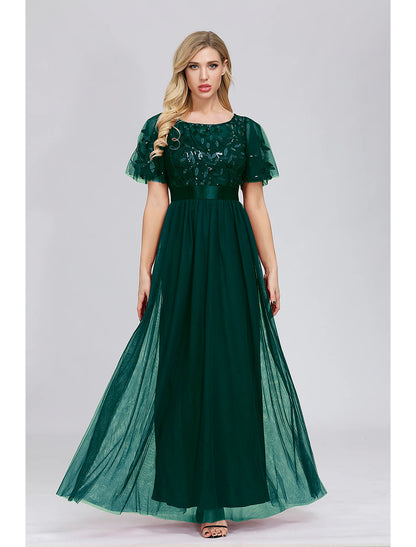 A-Line Empire Elegant Party Wear Prom Dress Jewel Neck Short Sleeve Floor Length Tulle with Embroidery