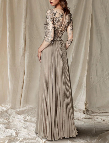 A-Line Mother of the Bride Dress Wedding Guest Plus Size Elegant V Neck Floor Length Chiffon Lace Half Sleeve with Pleats Appliques