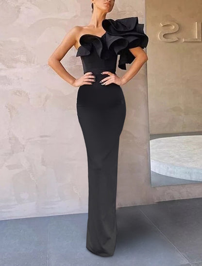 Mermaid Red Green Dress Evening Gown Celebrity Style Dress Formal Wedding Guest Floor Length Sleeveless One Shoulder Stretch Fabric with Ruffles