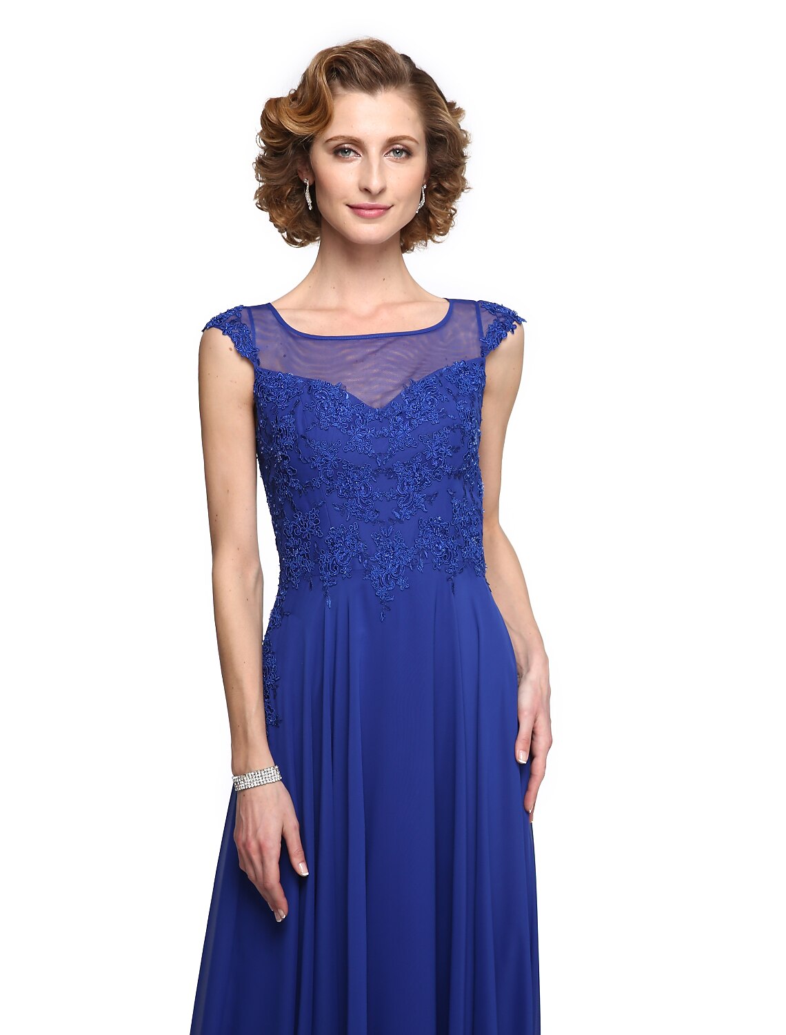 A-Line Mother of the Bride Dress Elegant Jewel Neck Ankle Length Chiffon Lace Sleeveless with Appliques