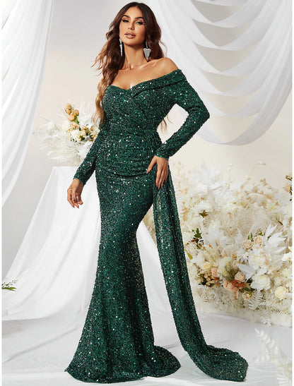 Mermaid / Trumpet Evening Gown Sparkle & Shine Dress Formal Cocktail Party Sweep / Brush Train Long Sleeve Off Shoulder Polyester with Sequin