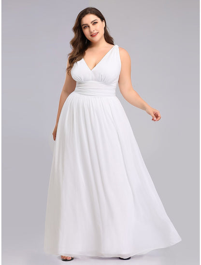 A-Line Plus Size Wedding Guest Formal Evening Dress V Neck V Back Sleeveless Floor Length Chiffon with Pleats