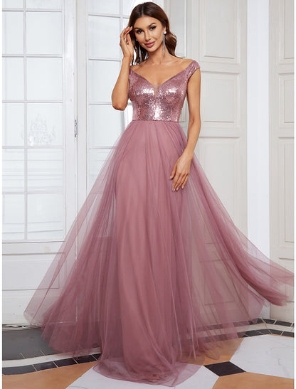 Bridesmaid Dress V Neck Sleeveless Elegant Floor Length Tulle / Sequined with Draping / Tier