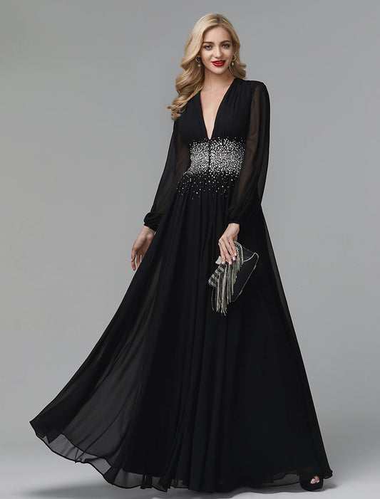 A-Line Evening Dress Celebrity Red Carpet Formal Gown Party Dress Black Tie Wedding Guest Floor Length Long Sleeve V Neck Chiffon with Sequin