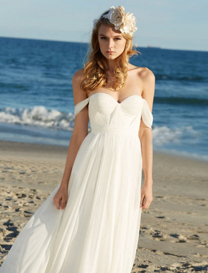 Beach Sexy Boho Wedding Dresses A-Line Off Shoulder Cap Sleeve Floor Length Chiffon Bridal Gowns With Pleats Solid