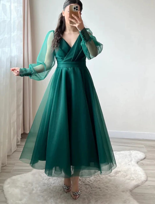 A-Line Cocktail Dresses Minimalist Dress Christmas Wedding Guest Tea Length Long Sleeve V Neck Organza with Buttons