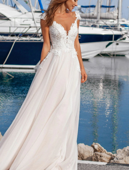 Beach Formal Wedding Dresses A-Line V Neck Cap Sleeve Floor Length Lace Bridal Gowns With Appliques